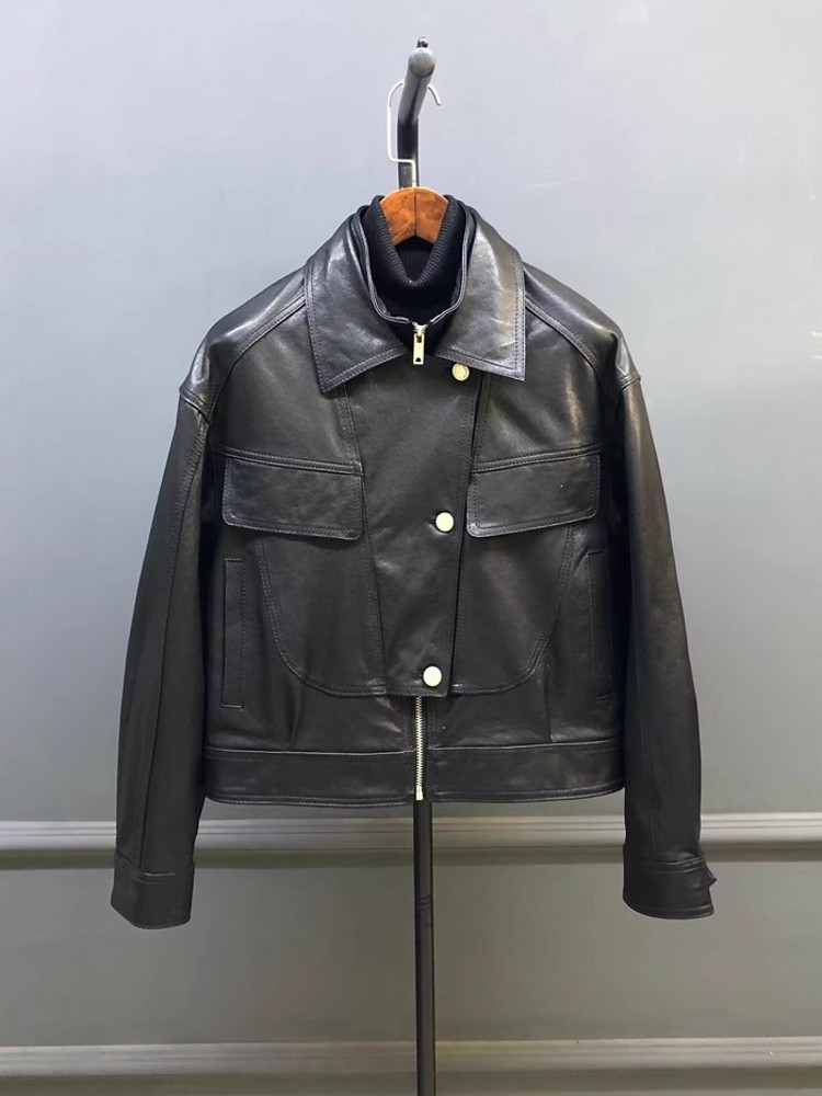 Designer Women Double Collar W - огляд і ціна Leather Work Jacket Women'S